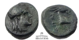 AEOLIS, Aegai, Æ 19, 1st Century BC., Apollo / Goat. 9 mm, 1.28 g.