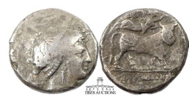CAMPANIA, Neapolis, AR Nomos, Circa 300-275 BC., Head of nymph / Nike flying above placing wreath on bull's head. 20 mm, 6.46 g.