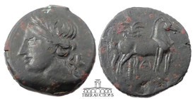 CARTHAGE. Æ Trishekel, Second Punic War, circa 220-215 BC., Wreathed head of Tanit left / Horse standing right; palm tree in background. 32 mm, 20.57 ...