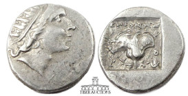 CARIA, Rhodes. AR Drachm, circa 88-84 BC., "Plinthophoric" coinage. Radiate head of Helios. / Rose with bud to left; EYΦANHΣ above. 14 mm, 2.62 g.