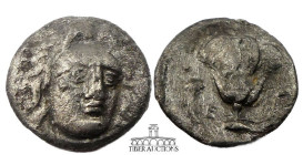 CARIA, Rhodes. AR Didrachm, circa 250-230 BC., Head of Helios slightly right / Rose stem with bud, 18 mm, 5.79 g. Harshly cleaned