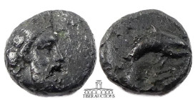 CARIA, Mylasa. Æ Chalkous, 4th Century BC., Laureate head of Zeus / Dolphin. Rare. 9 mm, 1.23 g.