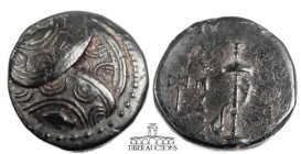 CARIA, Mylasa. Eupolemos, Æ 19, Circa 295-280 BC., Three overlapping Macedonian shields, the outer two with spearheads in the center / Sword in sheath...