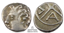 Gaul, Massalia. AR Obol, circa 4th Century BC., Apollo left / Wheel of four spokes with M A. 9 mm, .63 g.