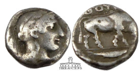 LUCANIA. Thurium. AR Triobol or diobol, circa 443-400 BC., Athena wearing crested Attic helmet / ΘOYPIΩN, bull butting right. 11 mm, 1.13 g.