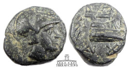 Kings of Macedon. Demetrios Poliorketes 294-288 BC. Æ 1/4-unit, Helmeted head right of youthful male/Prow of war galley right, BA above. 11 mm, 1.53 g...