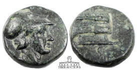 Kings of Macedon. Demetrios Poliorketes 294-288 BC. Æ 1/2-unit, Helmeted head right of youthful male/Prow of war galley right, BA above. 14 mm, 3.81 g...