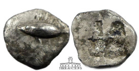 MYSIA, Kyzikos. AR Obol, circa 600-550 BC., Tunny right / Quadripartite incuse square. 10mm, .59 g 