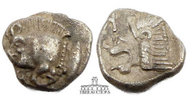 MYSIA, Kyzikos. Circa 525-475 BC., AR Obol, Forepart of boar left, k (retrograde) on shoulder, tunny behind / Head of lion left within incuse square. ...