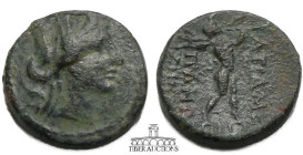 PHRYGIA. Apameia. Æ 18, Circa 133-48 BC., Turreted head of Artemis / Marsyas walking right on meander pattern, playing flute. 17 mm, 5.59 g.