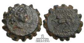 Seleukid Kings of Syria. Antiochos VI 144-142 BC. Æ 20 Serrate, Diademed and radiate head right / Panther advancing left with paw raised, holding palm...
