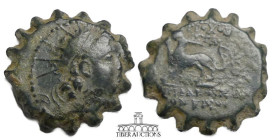 Seleukid Kings of Syria. Antiochos VI 144-142 BC. Æ 17 Serrate, Diademed and radiate head right / Panther advancing left with paw raised, holding palm...