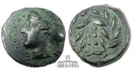 SICILY, Himera. Æ Hemilitron, before 407 BC., Head of nymph left; six pellets before, IM behind / Six pellets within wreath. 15 mm, 3.24 g.