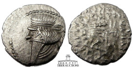 KINGS of PARTHIA. Vologases III, 105-147 AD., AR Drachm, Ecbatana mint. Diademed bust, long pointed beard / Arsakes I seated on throne, holding bow. 2...