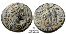 INDIA, Kushans. Soter Megas Circa 2nd Century AD., Æ Tetradrachm, Radiate, diademed, and draped holding sceptre / King riding right on horseback. 22 m...