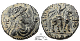 INDIA, Kushans. Soter Megas Circa 2nd Century AD., Æ Tetradrachm, Radiate, diademed, and draped holding scepter / King riding right on horseback. 22 m...