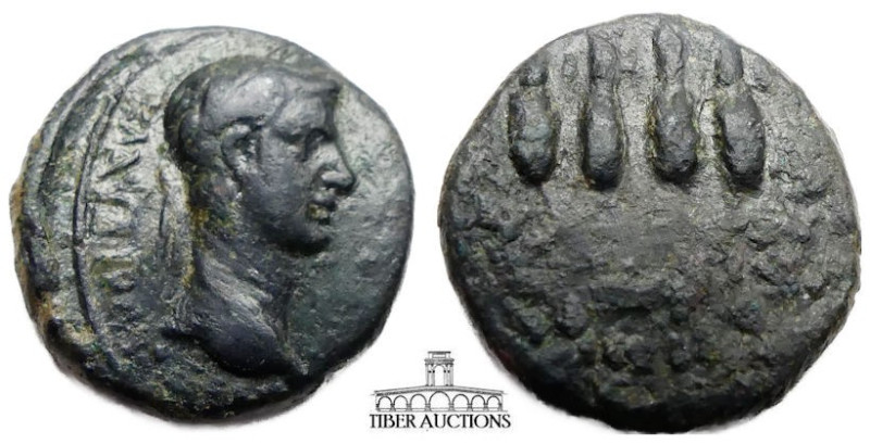 LYDIA, Philadelphia. Claudius. AD 41-54. Æ 17. Laureate head right / Four grain ...
