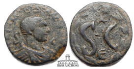 Seleucis and Pieria, Antioch. Diadumenian, as Caesar, AD 217-218. Æ 18. Bare-headed, draped, and cuirassed bust right / Large S C within wreath. 18 mm...