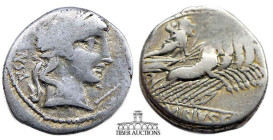 C. Vibius C.f. Pansa 90 BC. AR Denarius. Laureate head of Apollo right; spear point / Minerva in quadriga right. 19 mm, 3.74 g.