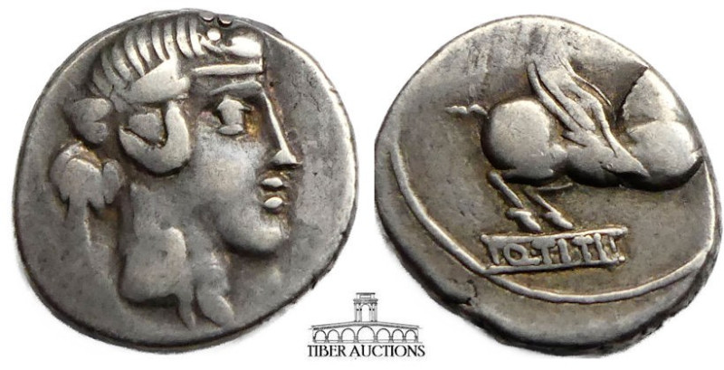 Q. Titus 90 BC. AR Denarius. Bacchus / Pegasus. Ex: Goldberg #75 lot 2667. 19 mm...