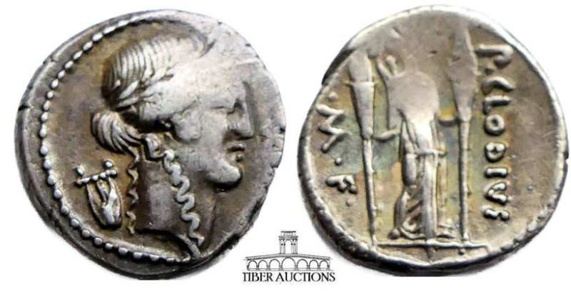 P. Clodius M.f. Turrinus 42 BC. AR Denarius. Laureate head of Apollo right / Dia...