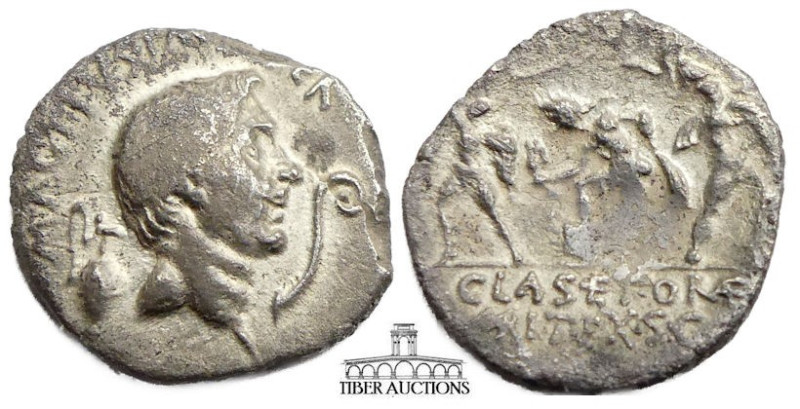 SEXTUS POMPEY 40 BC. AR Denarius. Bare head of Pompey the Great right between li...