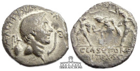 SEXTUS POMPEY 40 BC. AR Denarius. Bare head of Pompey the Great right between lituus and capis / Neptune left, foot on prow, between the brothers Anap...