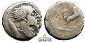 L. Hostilius Saserna.48 BC. AR Denarius. Head of Gallic warrior (Vercingetorix) right, Gaulish shield behind / Two warriors in biga, one driving and t...