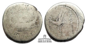 Mark Antony 32 BC. AR Legionary Denarius. Galley to the right / Legionary #, aquila and two legionary standards. 16 mm, 3.38 g.