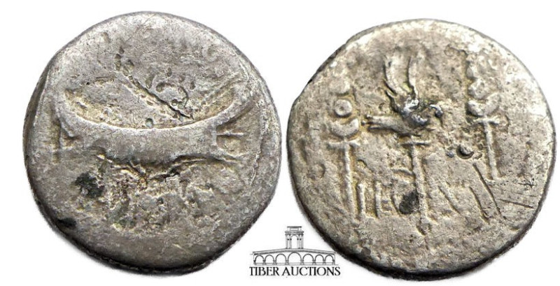 Mark Antony 32 BC. AR Legionary Denarius. Galley to the right / Legionary #, aqu...