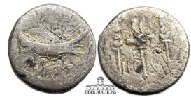 Mark Antony 32 BC. AR Legionary Denarius. Galley to the right / Legionary #, aquila and two legionary standards. 16 mm, 3.00 g.