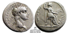 Tiberius AD 14-37. AR Denarius. Lugdunum mint. Livia (as Pax) seated right, holding olive-branch and long vertical scepter. 18 mm, 3.55 g.