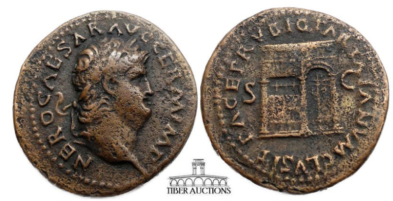 Nero AD 54-68. Æ Dupondius. Temple of Janus with garlanded and closed doors left...