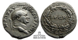 Vespasian AD 69-79. AR Denarius. IMP CAES VESP AVG CEN, laureate head to right / SPQR within laurel wreath tied at the bottom. 20 mm, 3.46 g.