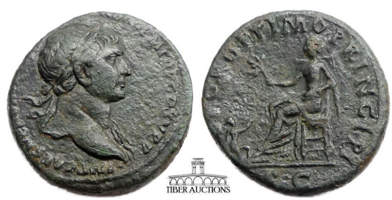 Trajan AD 98-117. Æ As. Pax seated left, holding olive branch, Dacian kneeling r...