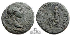 Trajan AD 98-117. Æ As. Pax seated left, holding olive branch, Dacian kneeling right, extending both hands toward Pax in attitude of supplication. 25 ...