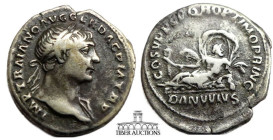 Trajan AD 98-117. AR Denarius. DANVVIVS Danube reclining left on rocks. 20 mm, 3.29 g.