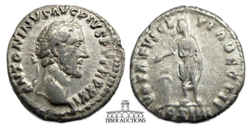 Antoninus Pius AD 138-161. AR Denarius. Sacrificing at altar. 18 mm, 2.62 g.