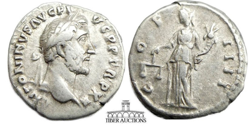 Antoninus Pius AD 138-161. AR Denarius. Aequitas. 17 mm, 3.45 g.