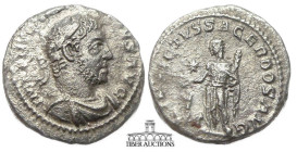 Elagabalus AD 218-222. AR Denarius. Elagabalus standing left, holding patera and cypress branch; to left, star above lighted altar. Harshly cleaned. 1...