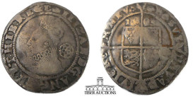 Elizabeth I AR 6 Pence. 1558-1603. London Mint. Crowned and mantled bust left, wearing ruffled collar; rose to right / Coat-of-arms over long cross fo...