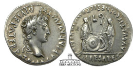 Augustus 27 BC-AD 14. AR Denarius. Lugdunum mint. Struck 2 BC-AD 12. Laureate head right / Caius and Lucius Caesars standing facing, two shields and t...