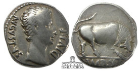 Augustus 27 BC-AD 14. AR Denarius. Lugdunum mint. Struck 15 BC. Bare head right / IMP • X in exergue, bull butting right, left forefoot raised, lashin...