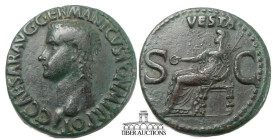 Caligula AD 37-41. Æ As. Rome mint. Struck AD 37-38. Bare head left / Vesta seated left on ornamental throne, holding patera and scepter. 27 mm, 10.88...