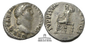 Nero AD 54-68. AR Denarius. Rome mint. Struck circa AD 67-68. Laureate head right / Jup(p)iter seated left, holding thunderbolt and scepter. 17 mm, 3....