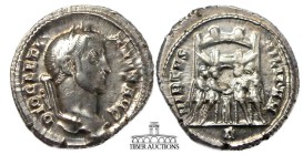 Diocletian AR Argenteus. Rome mint, 1st officina. Struck circa AD 295-297. Laureate head right / The four tetrarchs sacrificing over tripod before cit...