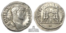 Constantius I, as Caesar AD 293-305. AR Argenteus. Rome mint, 7th officina. Struck circa AD 295-297. Laureate head right / Tetrarchs sacrificing over ...