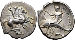 KALABRIEN. TARENT Didrachme ø 24mm (7.84g). 315 - 302 v. Chr. Vs.: Nackter Reiter mit Schild u. zwei Speeren n. r. galoppierend, unter dem Pferd ΣΑ. R...
