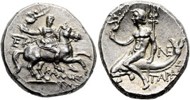 KALABRIEN. TARENT Didrachme ø 21mm (6.44g). ca. 240 - 228 v. Chr. Vs.: Gepanzerter Heros auf n. r. steigendem Pferd, den r. Arm ausgestreckt, über ihm...