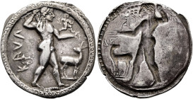 BRUTTIUM. KAULONIA Didrachme ø 31mm (8.23g). 525 - 500 v. Chr. Vs.: Nackter Apollon mit Kranz n. r. schreitend, die Rechte mit Lorbeerzweig über den K...